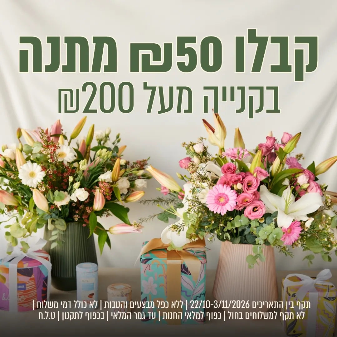 קבלו 50 ש"ח מתנה בקנייה מעל 200 ש"ח . תוקף 22.10-3.11/2026. ללא כפל מבצעים והטבות. לא כולל דמי משלוח. לא תקף למשלוחים בחול. כפוף למלאי החנות. עד גמר המלאי. בכפוף לתקנון. ט.ל.ח