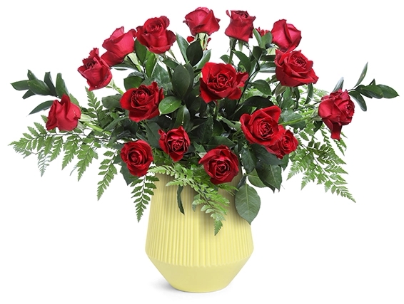 זר ורדים אדומים LOVELY RED באגרטל קרמיקה צהוב