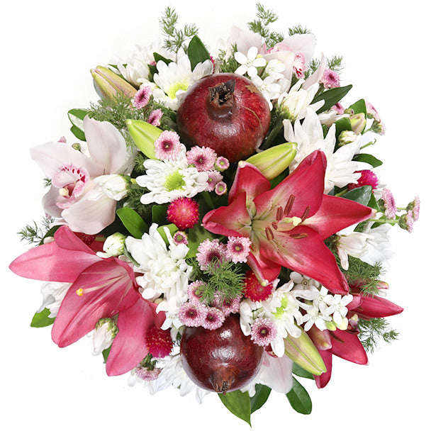 סידור פרחים 'מיכל' בגווני ורוד ולבן